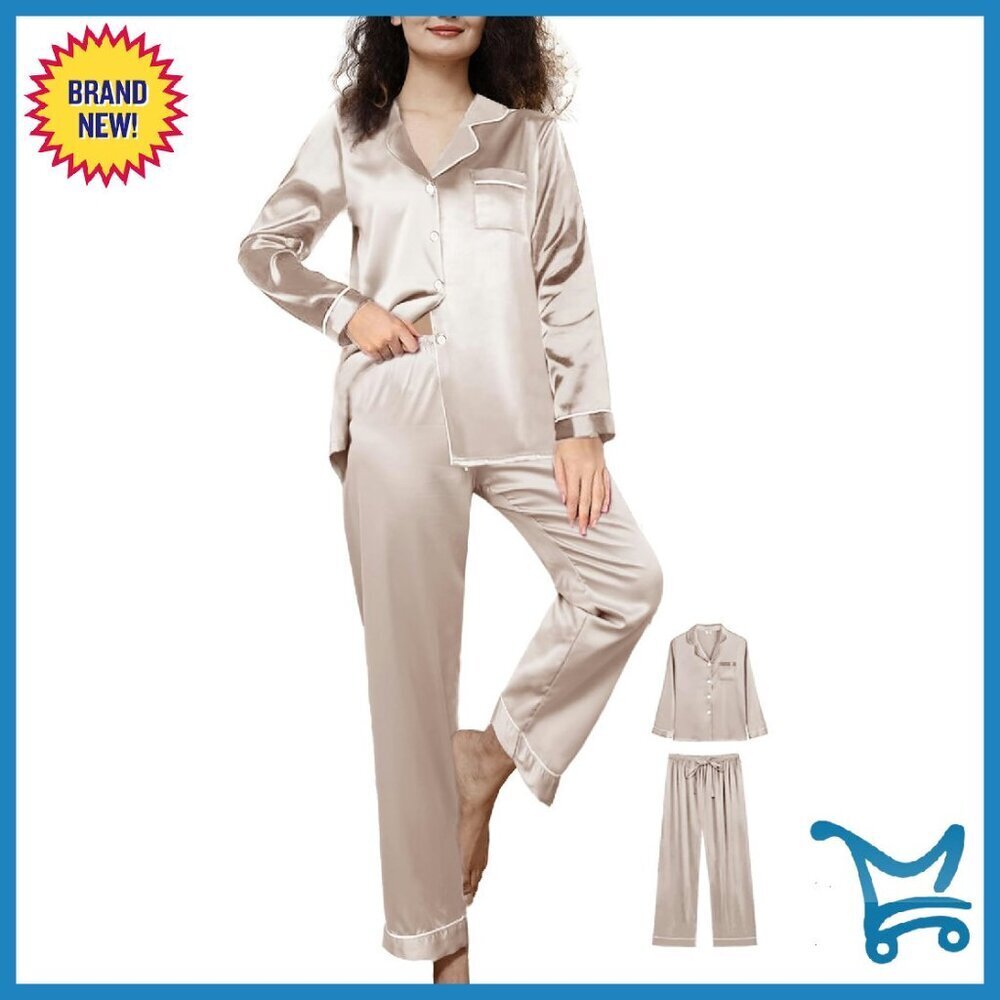 Silky Satin Pajama Set Long Sleeve Lounge Wear Sleepwear 2PC